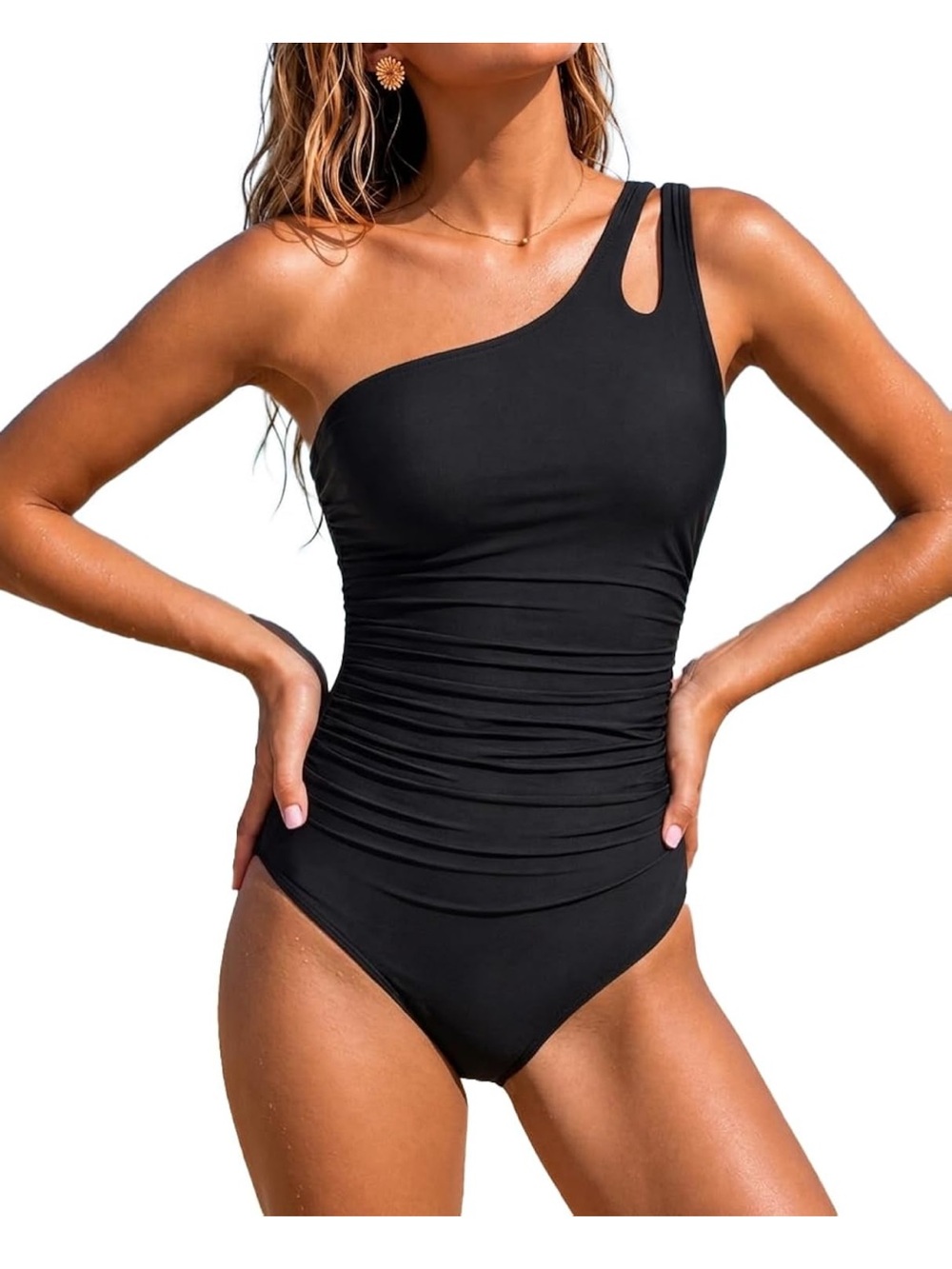 Women’s One-Shoulder Ruched Black Swimsuit